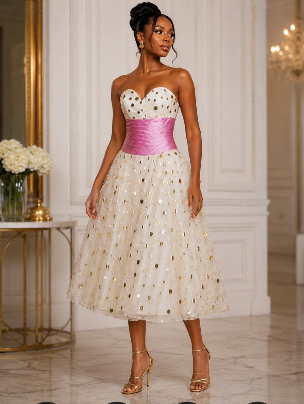EVENINGS BY ALLURE Strapless Ivory Tea-Length Dress with Pink Waist Sash